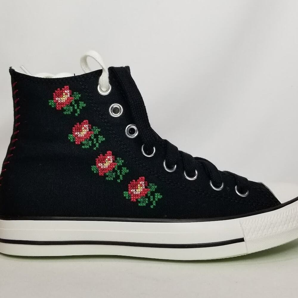 Converse Women's CTAS Rose Cross Stitch Hi Tops Size 8 Black Red A13657C NWT - Picture 2 of 6